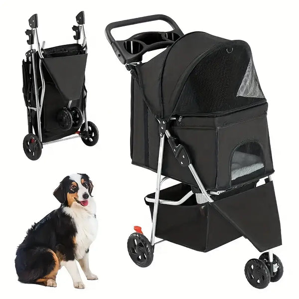 Dog Stroller Pet Travel Carriage 3 Wheeler w/Foldable Carrier Cart W/Cup Holder