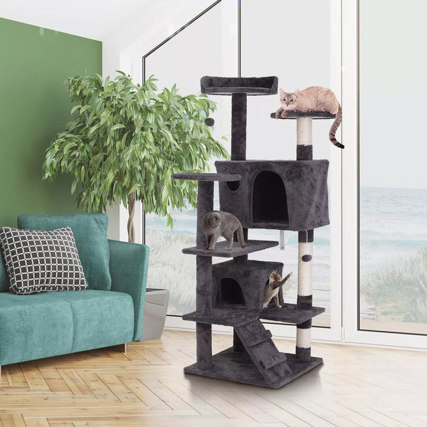 55''H Multi-Level Cat Tree Condo W/Scratching Post Tower & Perch, Play House Dark Gray