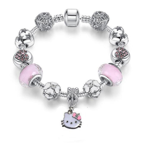 Silver Kitty Cat Charm Bracelet | Original Bracelet Bangle  Glass Beads Bracelet for Women Girls Kids DIY Jewelry