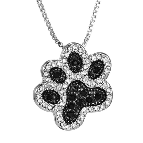 Silver Overlay Black Diamond Accent Paw Print Pendant with 18
