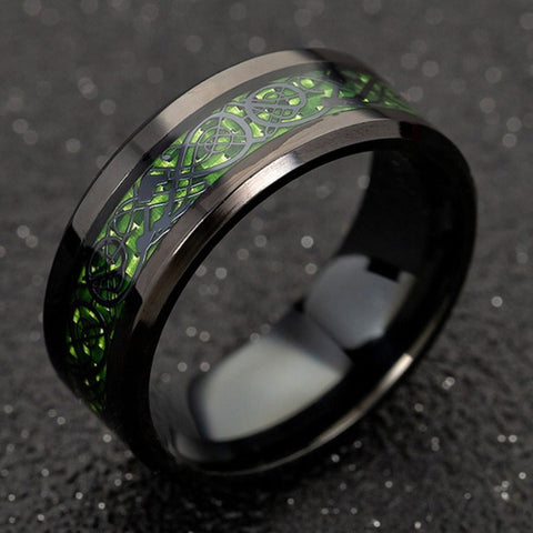 Green | Red Tungsten Celtic Dragon Ring Custom Men's Ring Black Carbon Fiber Tungsten Wedding