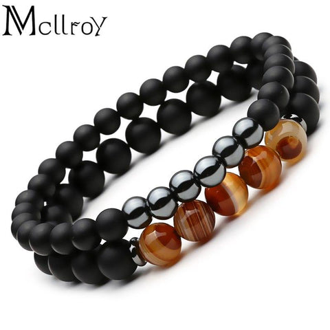 2PCS Black Matte Prayer Beads Bracelet for Men Women Elastic Natural Stone - P&Rs House
