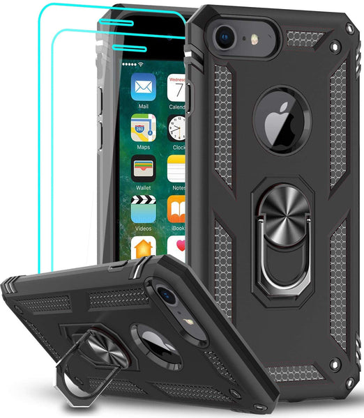 LeYi AMZ Compatible for iPhone 8 Case, iPhone 7 Case, iPhone 6s/ 6 Case with Tempered Glass Screen Protector [2 Pack], Military-Grade Protective Phone Case with Ring Kickstand for iPhone 6/6s/7/8, Black
