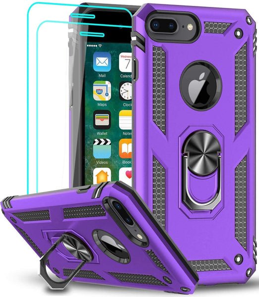LeYi AMZ ompatible for iPhone 8 Plus Case, iPhone 7 Plus Case, iPhone 6 Plus Case with Tempered Glass Screen Protector [2Pack], Military-Grade Phone Case with Ring Kickstand for iPhone 6s Plus, Purple