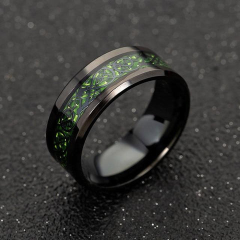 Green | Red Tungsten Celtic Dragon Ring Custom Men's Ring Black Carbon Fiber Tungsten Wedding
