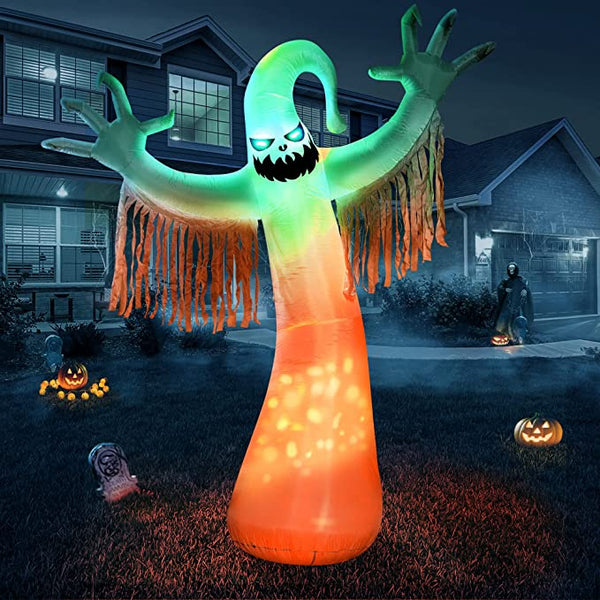 10 Ft Halloween Inflatables Ghost Decoration, Built-in Orange LED Lights with Flame