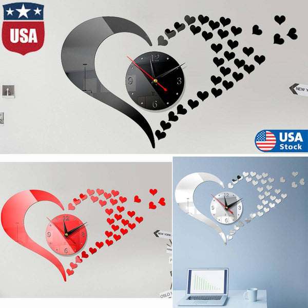 3D DIY  Home Heart Living Room Bedroom Art Decor Love Mirror Sticker Wall Clock-Black _mkpt44