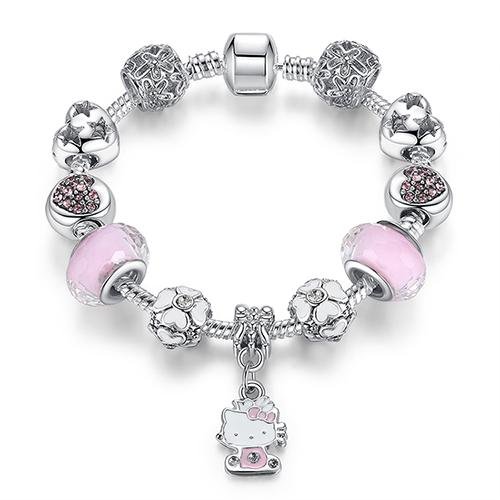 Silver Kitty Cat Charm Bracelet | Original Bracelet Bangle  Glass Beads Bracelet for Women Girls Kids DIY Jewelry - P&Rs House