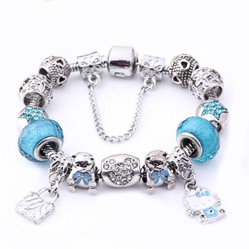 Silver Kitty Cat Charm Bracelet | Original Bracelet Bangle  Glass Beads Bracelet for Women Girls Kids DIY Jewelry