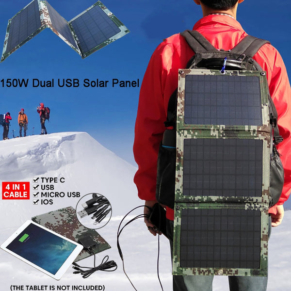 Foldable 150W Dual USB Solar Panel Outdoor Folding Waterproof Solar Panel Charger Mobile Power Battery Charger With 4 in 1 Cable