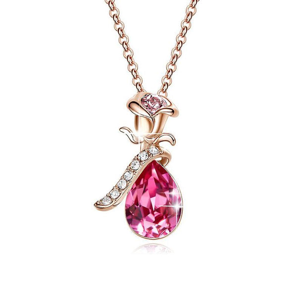 Swarovski Crystals Aquamartine Waterdrop with Pink Topaz Rose  Necklace