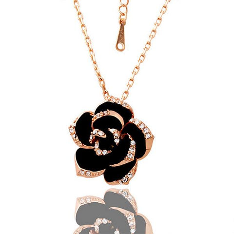 Rose Gold Plated Large Onyx Rose Petal Necklace