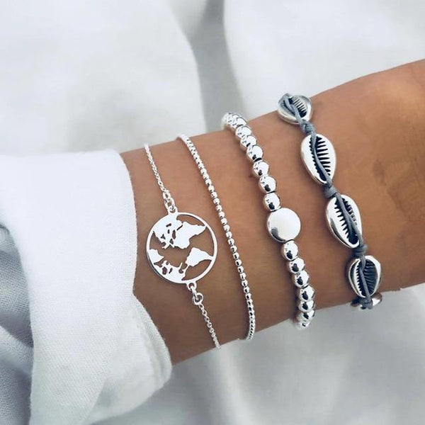 DIEZI 4pcs/set Bohemian Silver Chain Beads Bracelets | Vintage Fashion Ocean Map Shell Bracelets Bangles Sets For Women - P&Rs House
