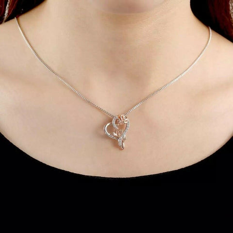 Rose Flower in Heart Pendant Necklace Mom Wife Daughter Jewelry