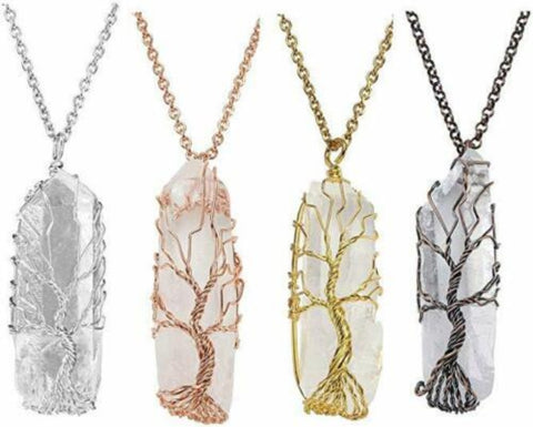 Natural Tree of Life Wire Wrap Rose Crystal Quartz Pendant Necklace Healing Gift