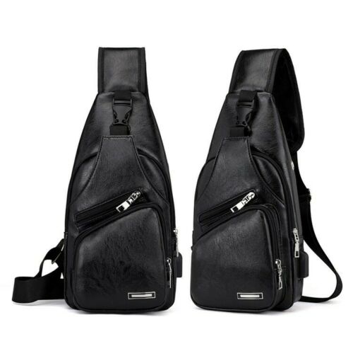 Men's Leather Sling Chest Pack Cross Body Shoulder USB Charging Port Sport Bag - P&Rs House