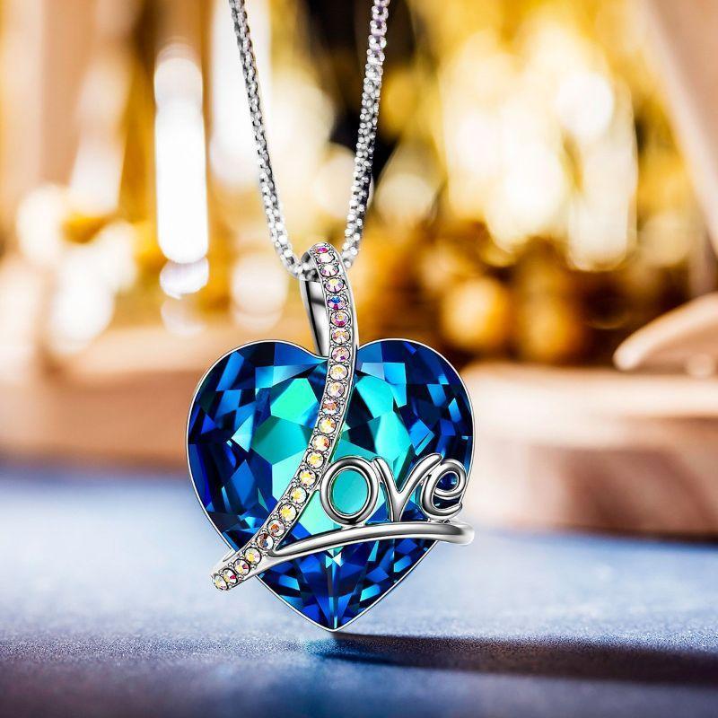 Swarovski Crystals 5.00 Ct Bermuda Blue LOVE with AB Stones  Necklace